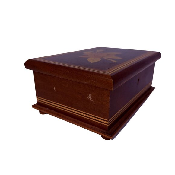 Vintage Wooden Jewelry Box With Faux Inlay Rose Design & Lock Keyhole Rectangula - Picture 6 of 9